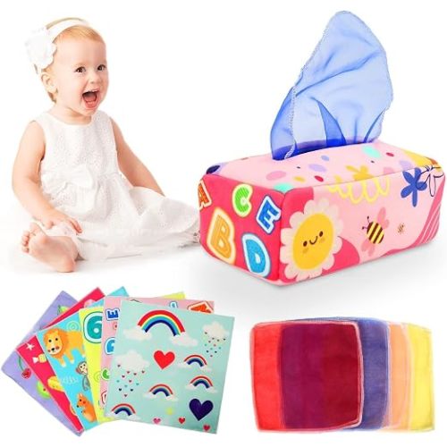 Baby Tissue Box - Montessori Toys for 6-12 Months, 1 Year Old - Soft Stuffed High Contrast Crinkle Infant Sensory Toy, Boys&Girls Toddler Early Learning Baby Gifts