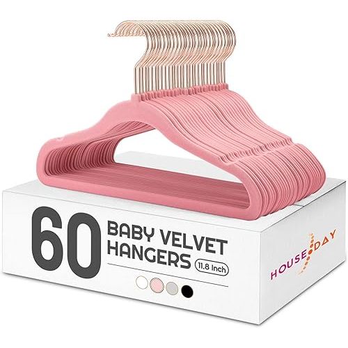 HOUSE DAY Velvet Baby Hangers for Closet, Kids Hangers Velvet 60 Pack, Non Slip Toddler Hanger 11.8 Inch, Durable Childrens Hanger for Newborn Baby Clothes- Blush Pink