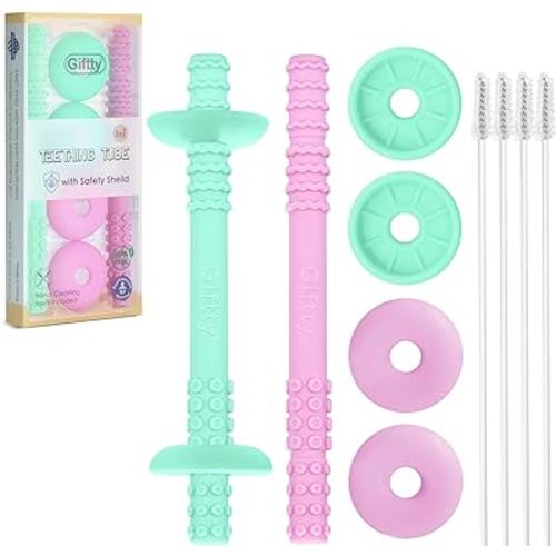 Giftty Teething Tube with Safety Shield Baby Hollow Teether Sensory Toys Gum Massager, Food-Grade Silicone for Infant 3-12 Months Boys Girls, 1 Pair with 4 Cleaning Brush Included (Cyan+Orchid)