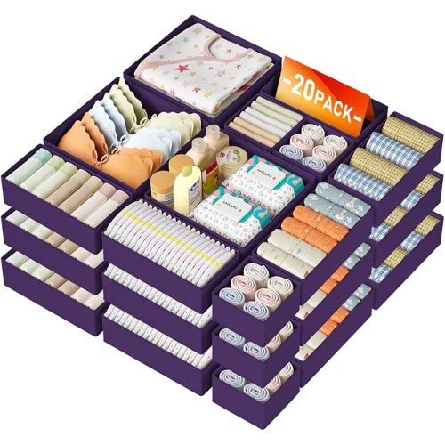 DIMJ Drawer Organizer Clothes Storage - 20 Pack Baby Dresser Organizer for Nursery, Foldable Closet Drawer Bins for Bedroom Organization, Fabric Storage Dividers for Socks, Underwears, Purple