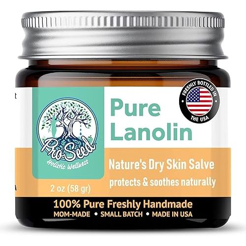 ProSeed Handmade Pure Lanolin Balm – US Pharmacopeia Grade for Moms, Babies & Skin Essentials – Single Ingredient Moisturizer for Dry, Sensitive Skin – Glass Jar, 2oz