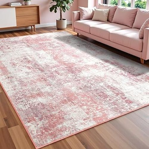 Modern Abstract Rugs for Living Room, 4'x6' Machine Washable Area Rug with Non Slip Backing for Bedroom, Soft Floor Covering Contemporary Carpet for Dining Room Home Office, Pink