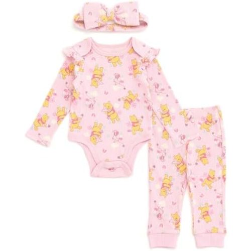 Disney Baby Girls Ribbed Bodysuit, Jogger Pants & Headband 3 Piece Outfit Set Newborn to Infant Sizes (Newborn - 24 Months)