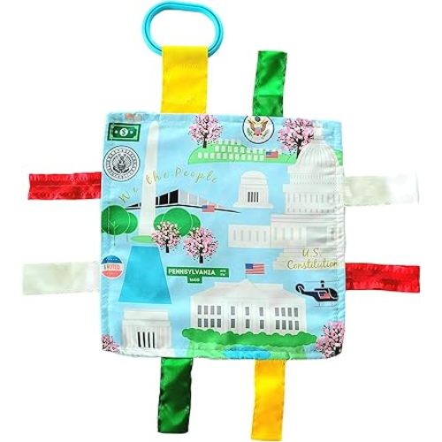 Baby Jack & Co 8x8' Learning Lovey Washington DC Tag Toys for Babies - Crinkle Toys - Soft & Safe - Learn USA Cities and Shapes - Ideal Baby Toy & Gift BPA Free w/Stroller Clip