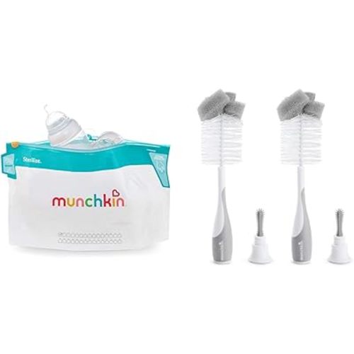 Munchkin Microwave Steam Sterilizer Bags, Bottle Brush 2 Pack - Includes Sterilize Bags 6 Pack, 30 Uses Each and Sponge Nipple Brushes, Grey, 2 Count