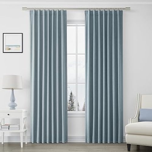 Joywell Blue Linen 100% Blackout Curtains 84 Inches Long, Rod Pocket,Back Tab,Hook Belt,Energy Saving Thermal Insulated Pinch Pleated Drapes for Bedroom Living Room with Hooks(2 Panels,52 x 84)