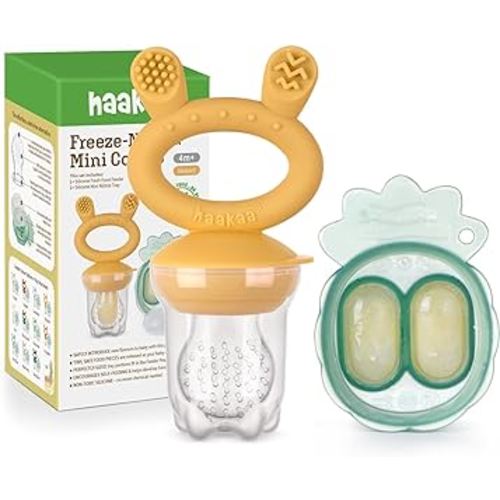 Haakaa Baby Fruit Food Feeder & Mini Freezer Nibble Tray Combo, Breastmilk Popsicle Molds for Baby Cooling Relief, BPA Free Silicone Feeder for Safe Infant Self Feeding, 4 Month+ (Mustard)