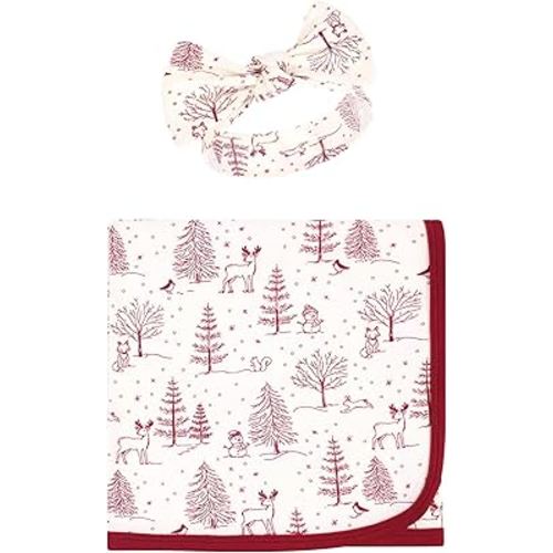 Touched by Nature Unisex Baby Organic Cotton Swaddle Blanket and Headband or Cap, Winter Woodland, One Size