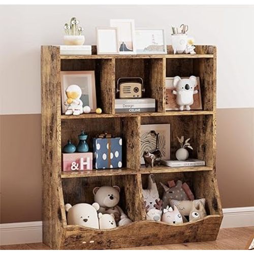 Rustic Brown Toy Storage Cabinet, Three-Tier Kids Bookshelf and Bookcase for Storage Books and Toys, Multi Shelf with Cubby Organizer for Bedroom and Playroom