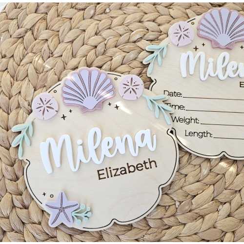 Seashell Baby Name Sign | Personalized Newborn Birth Announcement Plaque