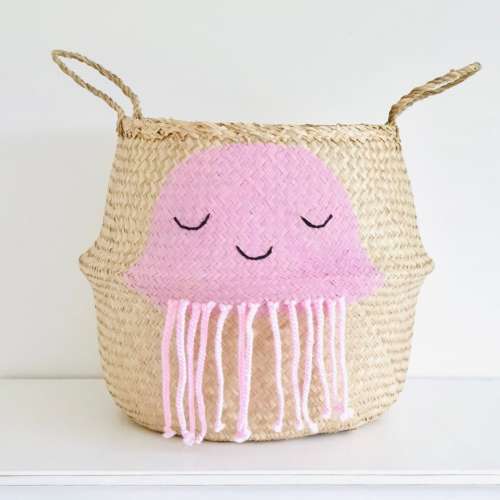 Extra Large pink jellyfish seagrass belly basket for kids toy storage