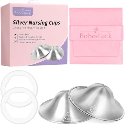 Boboduck The Original Silver Nursing Cups - 925 Silver Nipple Covers Breastfeeding - Protect and Soothe Sore Nipples - Silver Nipple Shield Guards with Soft Silicone Ring (Regular)