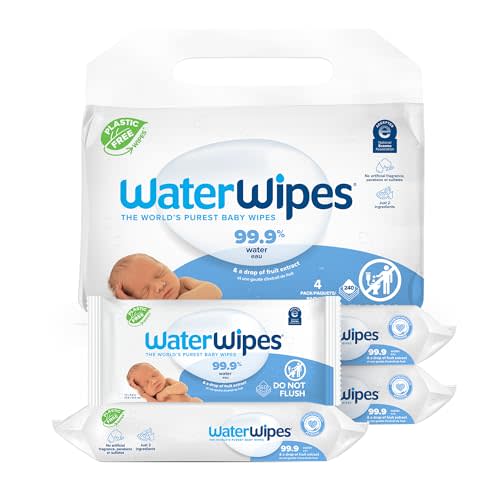 WaterWipes Biodegradable Original Baby Wipes, 99.9% Water Based Wipes, Unscented & Hypoallergenic for Sensitive Skin, 240 Count (4 packs), Packaging May Vary