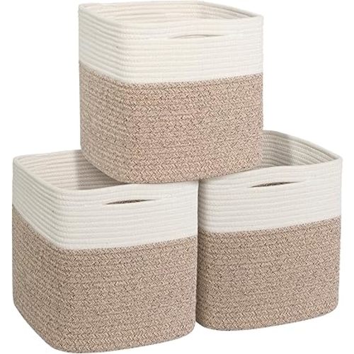 11x11 Cube Storage Bin - 3 Pack Woven Storage Cubes Organizer, 11 Inch Cotton Rope Baskets for Organizing, Square Baskets for Shelves, Baby Nursery Closet Bins, Cubby Toy Box Organizer