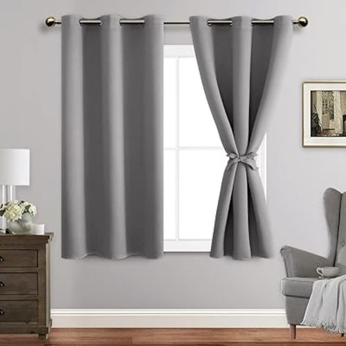 JIUZHEN Blackout Curtains with Tiebacks - Thermal Insulated, Light Blocking and Noise Reducing Grommet Curtain Drapes for Bedroom and Living Room, Set of 2 Panels, 42 x 54 Inch Length, Light Grey