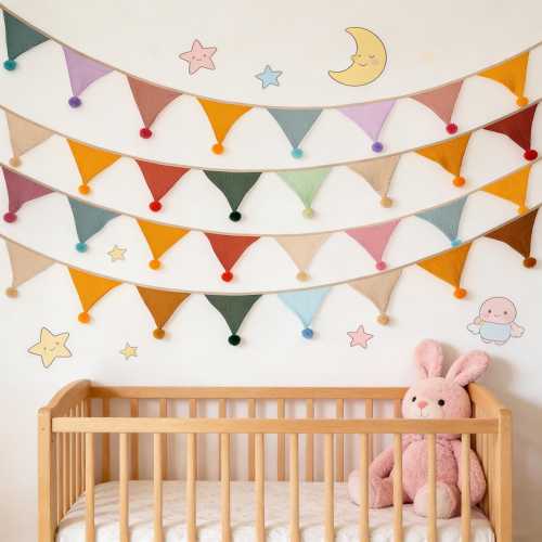Cotton Bunting with Pom Poms, 10 Flags | Nursery Garland for Baby Shower, Kids’ Birthday