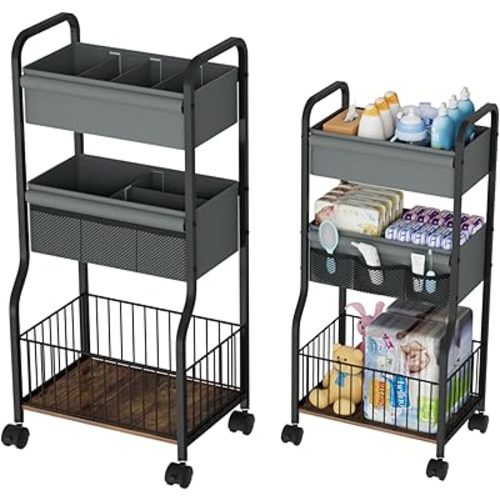 Baby Diaper Caddy Organizer and Storage & 3-Tier Rolling Diaper Cart with Lockable Wheels | 4+3 Dividers, Bedside Cart for Baby Essentials for Nursery, Bedroom, Bathroom