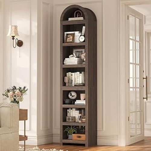 76" Tall Narrow Arched Bookcase,7-Teir Mid-Century Modern Bookshelf,Adjustable Shelves offering More Storage Space for Living Room,Kitchen,Home Office,Walnut