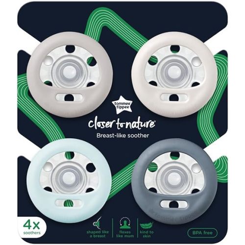 Tommee Tippee Breast-Like Pacifier, 0-6 Months, Symmetrical Design, Natural Breast-Like Baglet, BPA-Free Binkies, Pastel/Blue/Black, Pack of 4