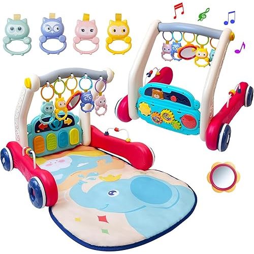 Baby Gym Play Mat & Baby Walker, Baby Activity Center with Music and Light, Tummy Time Mat, Push Toys for Toddler, Detachable Play Piano and Rattles for Newborn Babies Infants Boys Girls