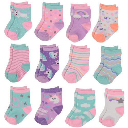 Rising Star Newborn Ankle Socks, 0-24 Months, Unicorns and Rainbows Design (12 Pack)