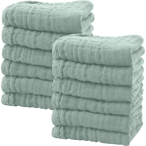 SWEET DOLPHIN 12 Pack Baby Muslin Washcloths - Soft Face Cloths for Newborn, Absorbent Bath Wash Cloths, Wipes, Burp Rag - Toddlers Essentials Stuff, Baby Registry as Shower -10"x10", Green