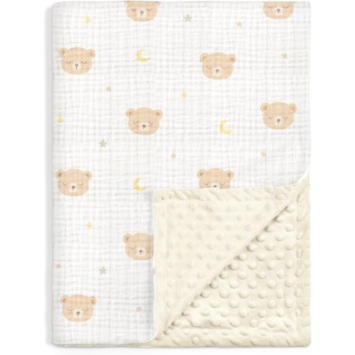 Bear Baby Blankets for Boys Girls, Soft Nursery Minky Blankets with Muslin and Dotted Fleece Back 30x40 inches, Receiving Bed Quilt for Newborn, Infants, Toddlers