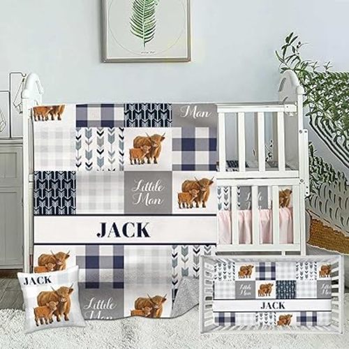 Custom Highland Cow Blue Baby Crib Bedding Set for Boys – Personalized 3-Piece Nursery Set with Name, Minky Dot Blanket, Fitted Crib Sheet & Pillowcase for Newborns, Toddlers, Infant
