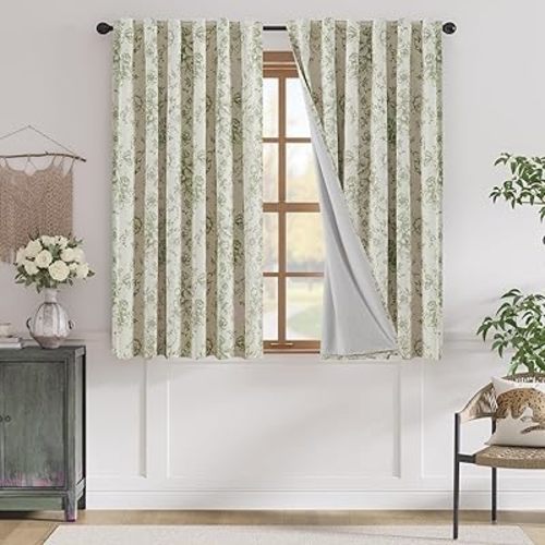 jinchan Blackout Linen Blend Curtain Floral Curtains for Living Room 63 Inch Length Sage Green Printed Curtain with Lined Blackout Curtains for Bedroom Farmhouse Curtains Set 2 Panels
