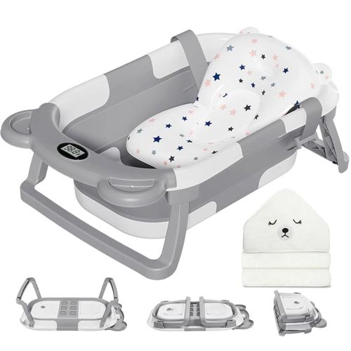 MoreFeel Collapsible Baby Bathtub for Newborn with Thermometer & 1 Hooded Towel & 1 Soft Floating Cushion,Portable Travel Bathtub with Drain Hole, Durable Foldable Baby Tubs for Infants to Toddler