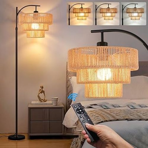 Arc Floor Lamp for Living Room with 3 Color Temperatures, Farmhouse Floor Lamps with Remote & Dimmable Bulb, Boho Standing Lamp with Rattan & 3-Tier Shades, Adjustable Tall Lamp for Bedroom,Corner
