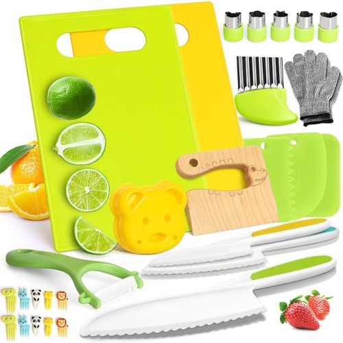 28PCS Toddler Knife Set - Kids Knifes for Real Cooking, Wooden Kids Kitchen Knife Set with Gloves Cutting Board Crinkle Cutters Kid Safe Knives, Toddlers Kitchen Tools - Crocodile 28pcs Set