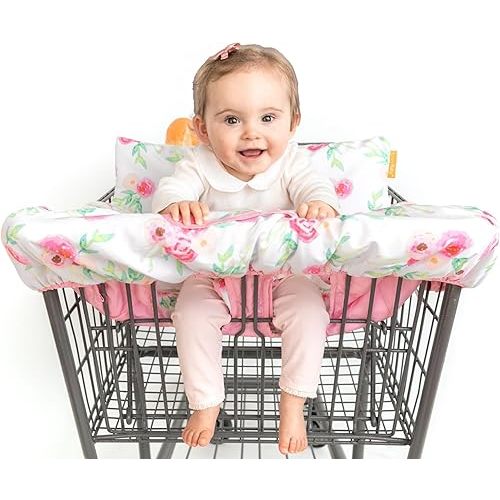 2-in-1 Cushy High Chair Cover and Shopping Cart Cover for Baby, Comfortable Cover for Grocery Cart, Universal Fit Cart Cover for Babies, Includes Storage Pouch - Full Bloom