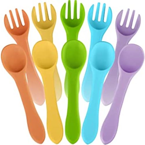 10 Pieces Baby Led Weaning Spoons and Forks Set Infant Silicone Spoon First Self Feed Baby training Utensils for Toddler First Stage Feeding Supplies for Kids Over 6 Months, 5 Pairs(Fresh Colors)