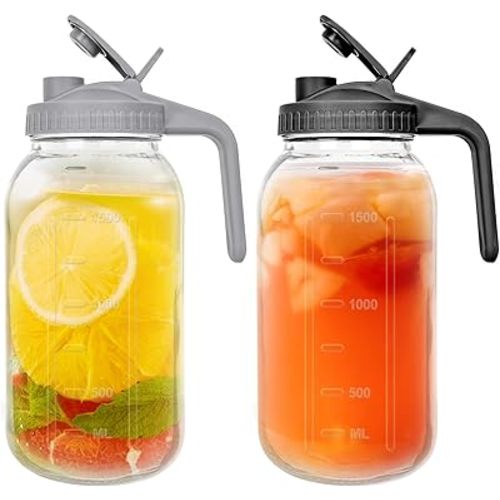 2 Pack 64 oz Glass Pitchers with Lid,2 Quart Sun Tea Glass Jars for Outside,Half Gallon Wide Mouth Mason Jar Pitchers with Convenient Handle and Leak-Proof Design for Ice Tea，Breast Milk，Iced Coffee