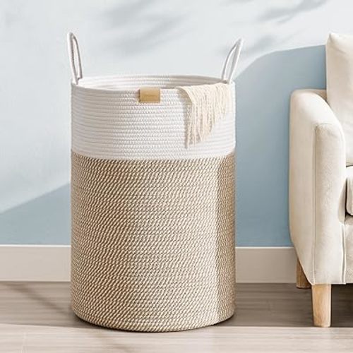 75L Laundry Hamper Basket,Baby Nursery Woven Storage Basket for Toys Bin,Pillows,Blankets,Clothes,Brown&White