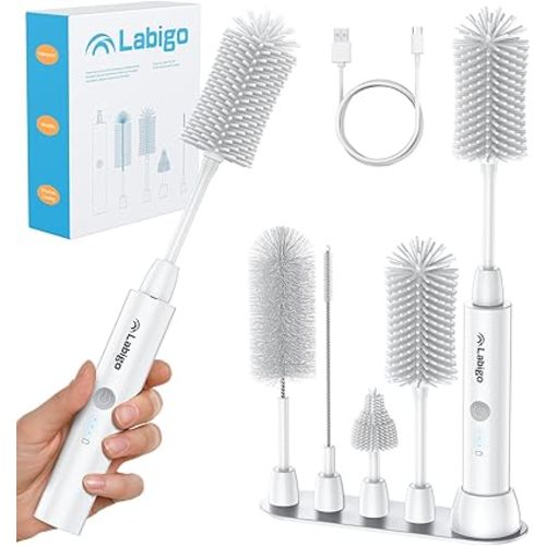 LABIGO Electric Bottle Brush Cleaner Set, Baby Bottle Brush with IPX7 Waterproof and 2 Adjustable Speeds, 4 Replaceable Brush Heads for Baby Bottle, Coffee Cup, Mug, Sports Bottle, Glass Cup, White