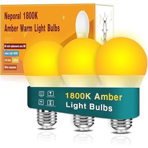 Neporal Amber Light Bulbs 9W, Soft Warm Sleep Light Bulbs 60W Equivalent, Blue Light Blocking Amber Night Light Bulbs 1800K, Bedtime Light Bulb for Healthy Sleep.
