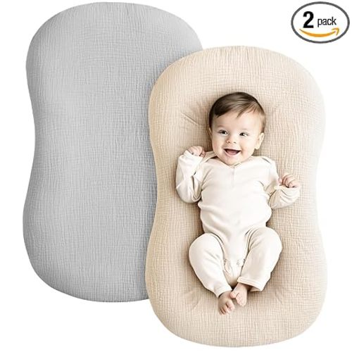 Konssy Muslin Baby Lounger Cover 2 Pack, 100% Cotton Newborn Lounger Cover, Soft and Breathable Baby Nest Slipcover for Boys Girls (Grey,Wheat)