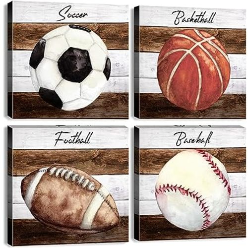 Boys Bedroom Decor Sports Room Decor for Boys Sports Posters Baseball Soccer Room Decor Rustic Football Basketball Canvas Prints Nursery Decor Kids Paintings Artwork Home Decorations 12x12" 4Pcs