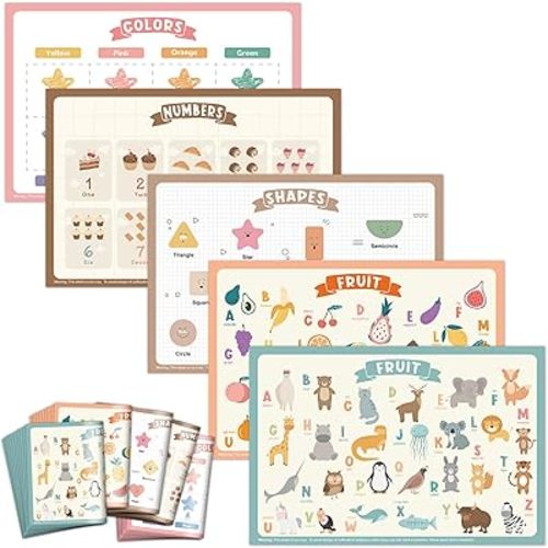 Disposable Placemats for Baby & Toddler, 50 Pack Sticky Kids Placemat for Restaurant, Travel, Party, 12" נ18 Picnic Table Mats, 5 Funny Designs for Kids