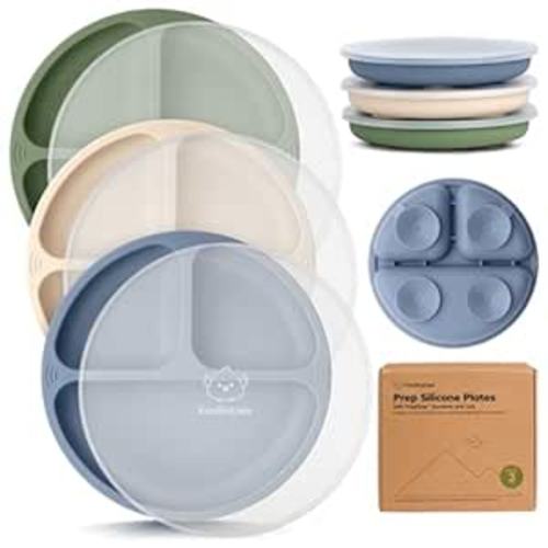 KeaBabies Suction Plates with Lids for Baby - 3-Pack 100% Silicone Toddler Plates with Suction, Divided, BPA-Free Baby Led Weaning Essentials for Kids, Dishwasher, Microwave Safe, Durable (Slate)