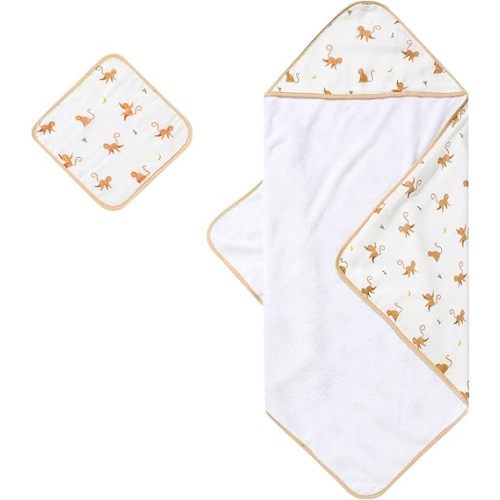 Bamboo Viscose Baby Hooded Towel & Washcloth Set for Babies and Toddlers, Tiger, Soft & Absorbent, 70% Viscose from Bamboo, 30% Cotton Muslin - Imported (Monkey)