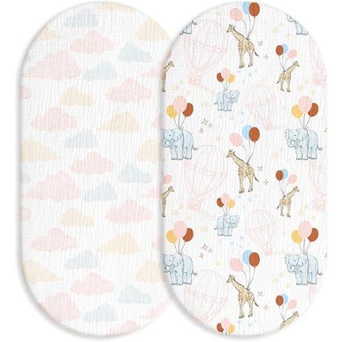 Muslin Bassinet Fitted Sheets, 2 Pack for Baby Boy and Girl, Soft Breathable Baby Pad/Mattress Sheet, Fit for Hourglass Oval and Rectangle Bassinet Mattress (Cute Animals)