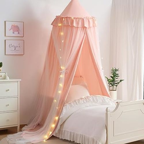 Double Layer Bed Canopy with Star Lights, Bed Canopy for Girls, Twin Size Canopy Bed Curtain for Children Princess Play Tent Bedroom Decoration Castle Reading Nook, Pink