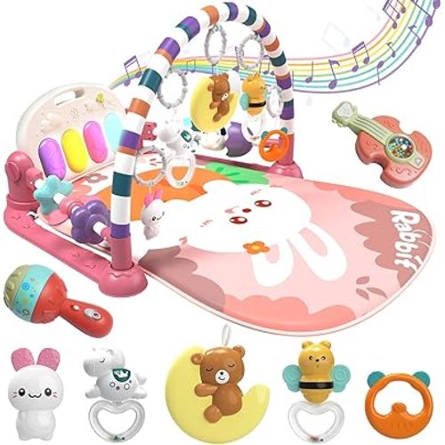 Baby Play Mat Baby Gym,Funny Play Piano Tummy Time Baby Activity Mat with 7 Infant Sensory Baby Toys, Music and Lights Boy & Girl Gifts for Newborn Baby 0-3-6-9-12 Months (Pink)