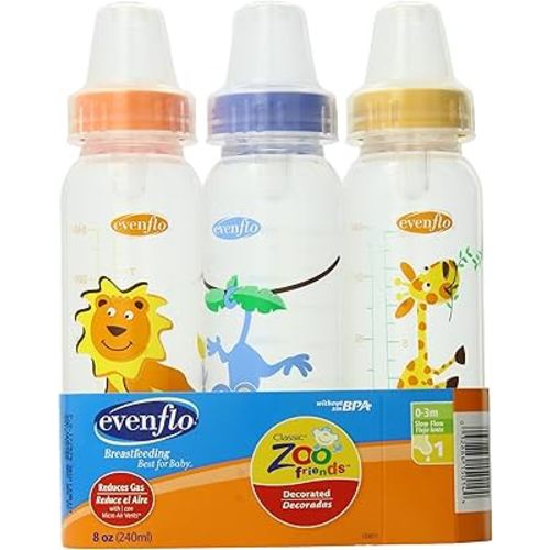 Evenflo Zoo Friends 3 Count Standard Nipple Bottle, 8 Ounce (Colors May Vary)