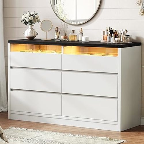 Modern LED 6 Drawer Dresser for Bedroom, White Large Chest of Drawers with Hidden Handles, Long Double Wooden Dresser Closet for Living Room, Entryway, Hallway - White