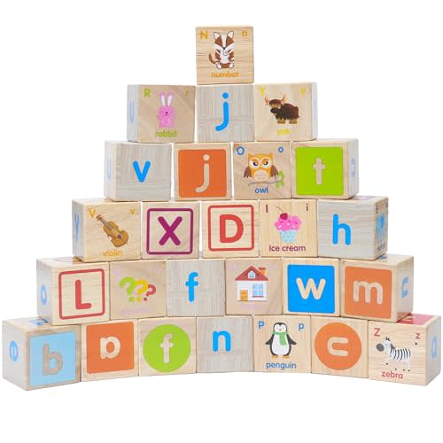 Montessori Mama Wooden Blocks for Toddlers 1-3 - Large 1.6" Hardwood Stacking Blocks with Letters, Shapes, Colors, and Images - Perfect for Early Development and Play
