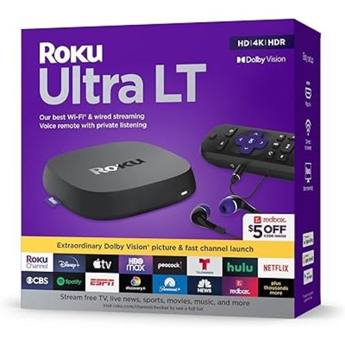 Roku Ultra LT (2023) HD/4K/HDR Dolby Vision Quad-Core Streaming Player with HDMI Cable, Headphones, Voice Remote w/Private Listening, Ethernet